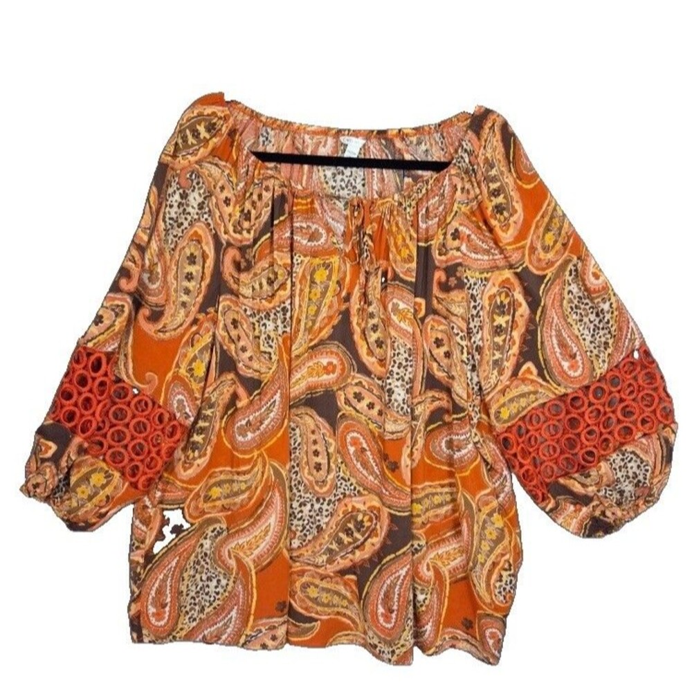 Cato Peasant Paisley Top Size 14/16W Boho Crochet Sleeve Hippie Orange New